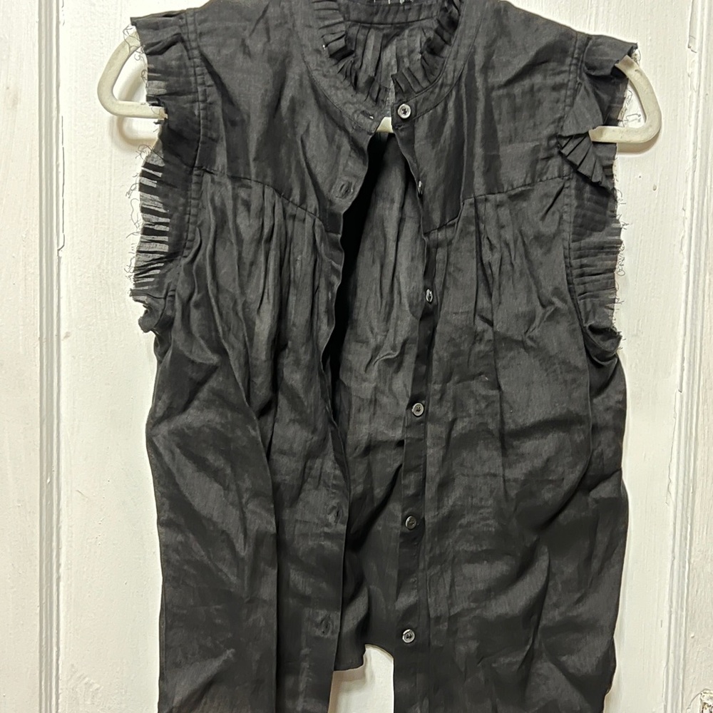 Black short sleeve ruffled button up Top by Frame NEW